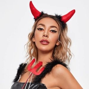 Red Devil Halloween Horn Hair Hoop & Pitchfork Set